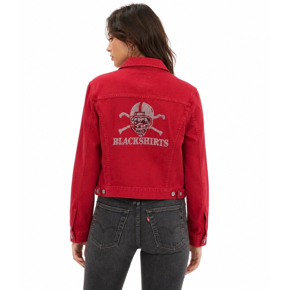 Nebraska Huskers Blackshirts Rhinestone Denim Jacket Womens Size M Red Game Day